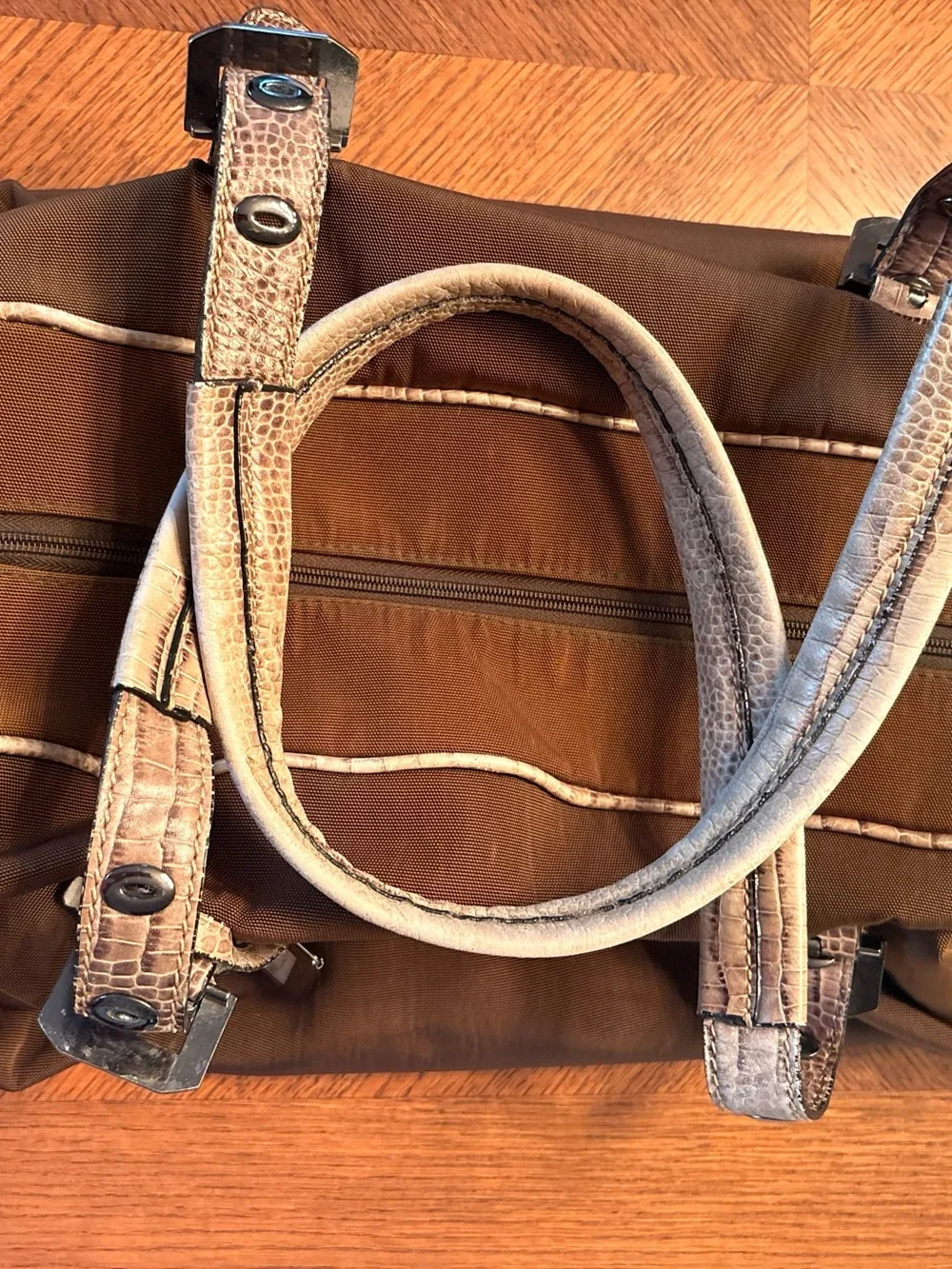 Vintage Adrienne Vittadini Brown Nylon Satchel Faux Croc Leather Duffel/Tote Bag